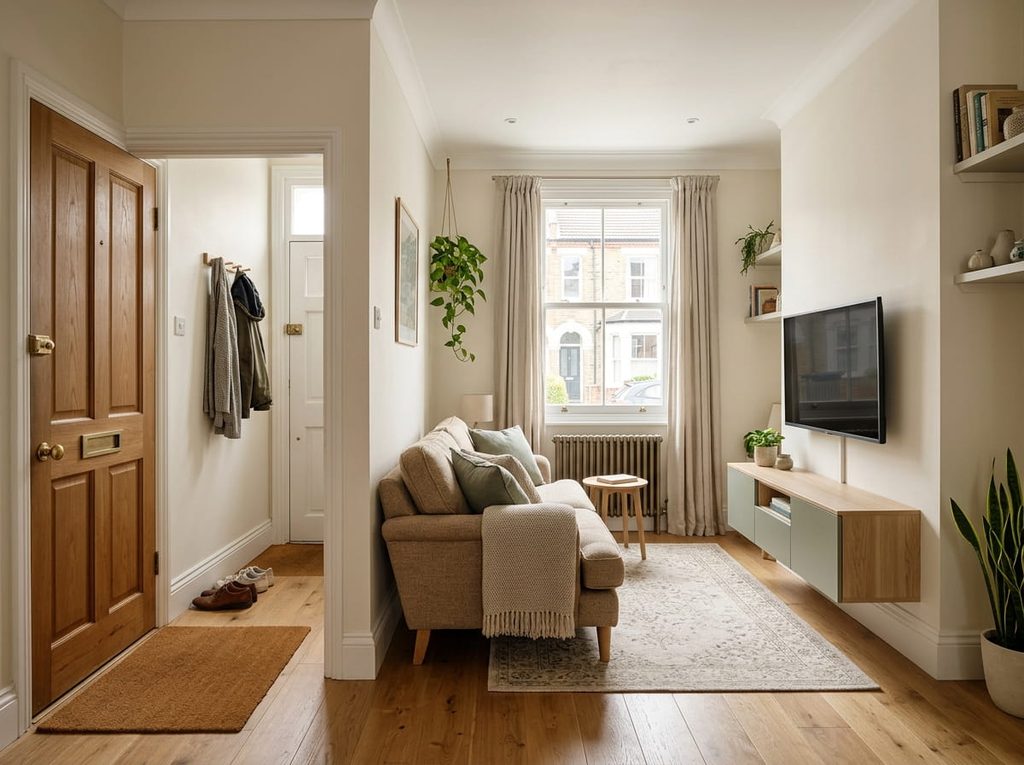 Small living room layout with front door, wall-mounted TV and compact sofa