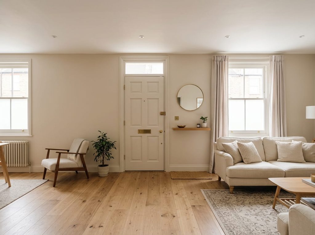 Front door in the middle of a living room wall with rug, mirror and floating shelf