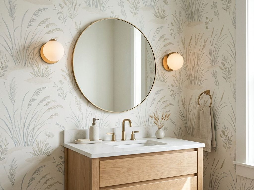 Bathroom with subtle beach-inspired patterned wallpaper