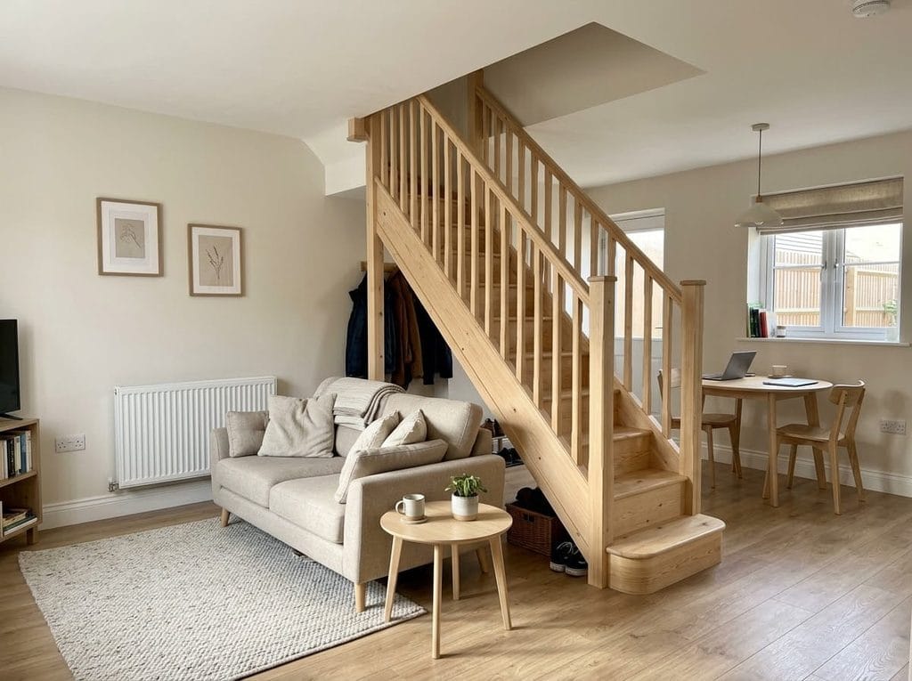 Staircase used to divide a small living area from the dining space
