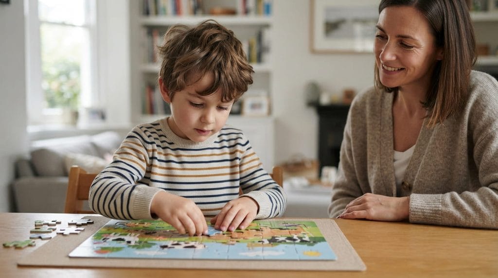 Child concentrating on a colourful jigsaw puzzle at a table