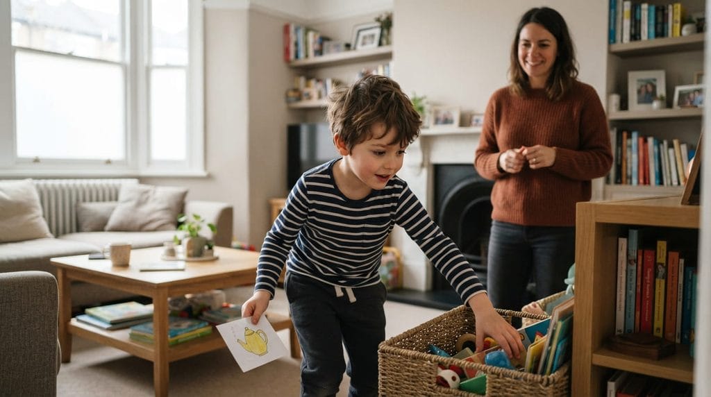 Child searching for an object during a simple indoor treasure hunt