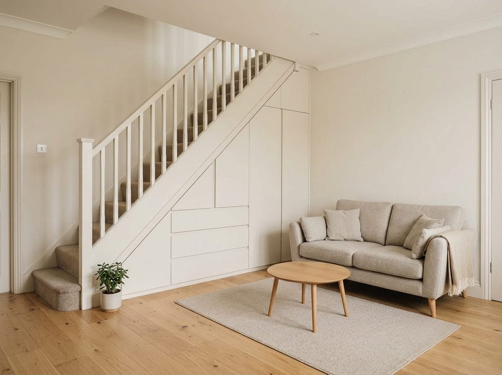 Built-in closed storage beneath stairs in a small living room