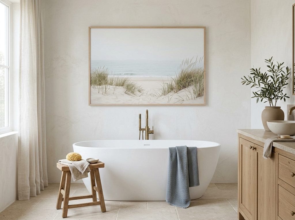 Coastal bathroom with decorative wall accents
