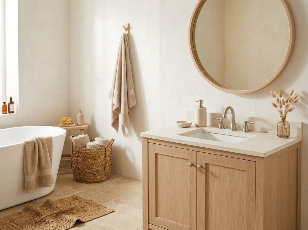 Coastal bathroom with white and sandy beige finishes