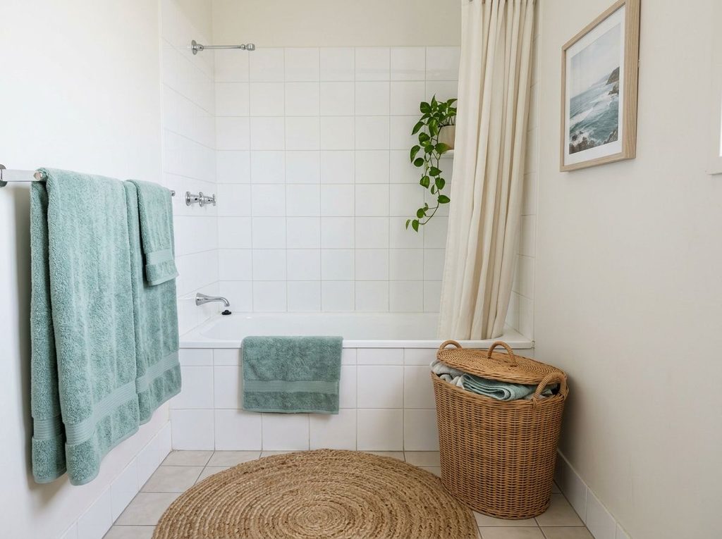 Renter-friendly coastal bathroom with portable decor and storage
