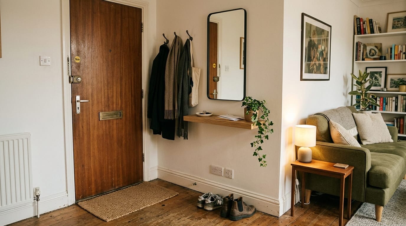 Compact flat entrance with small-space furniture and decor