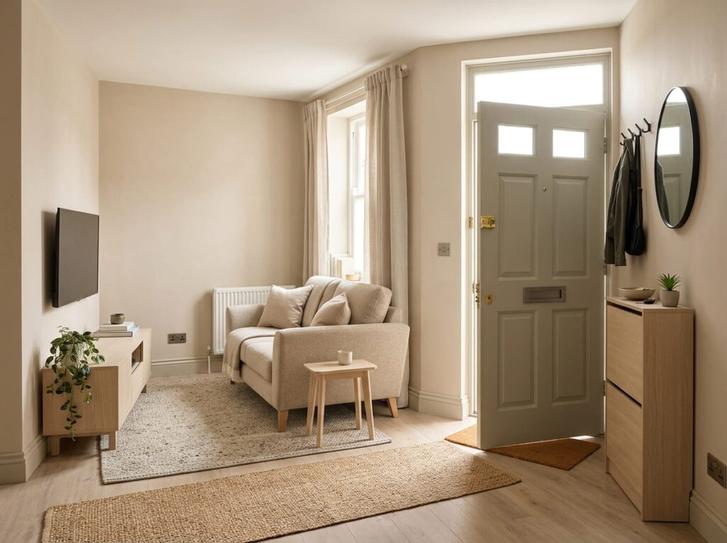 Front door opening into living room with compact sofa, TV wall and slim entryway storage