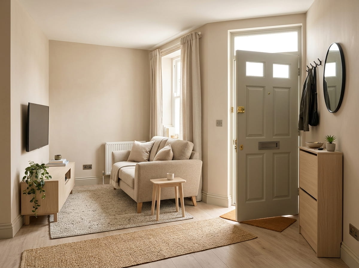 Front door opening into living room with compact sofa, TV wall and slim entryway storage