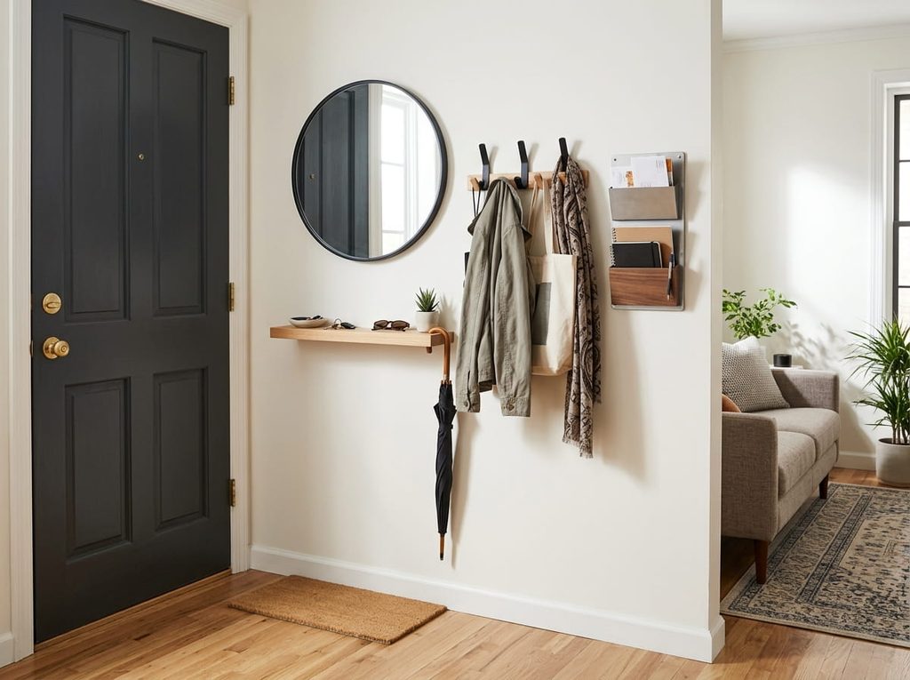 Wall-mounted entryway storage beside the front door in a very small living room