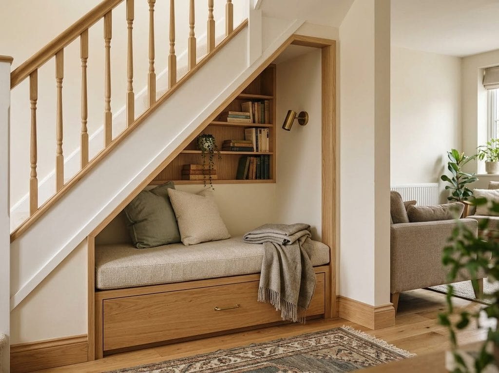 Cosy reading bench with shelving beneath the stairs