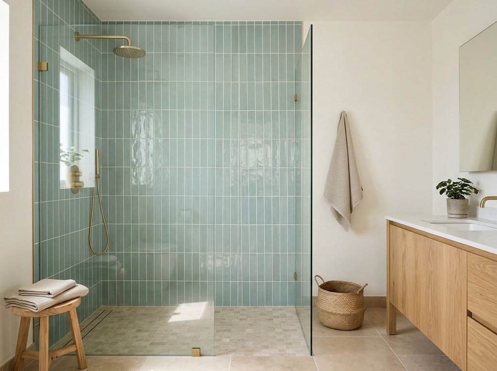 Coastal-inspired shower with light tile and seaside colors