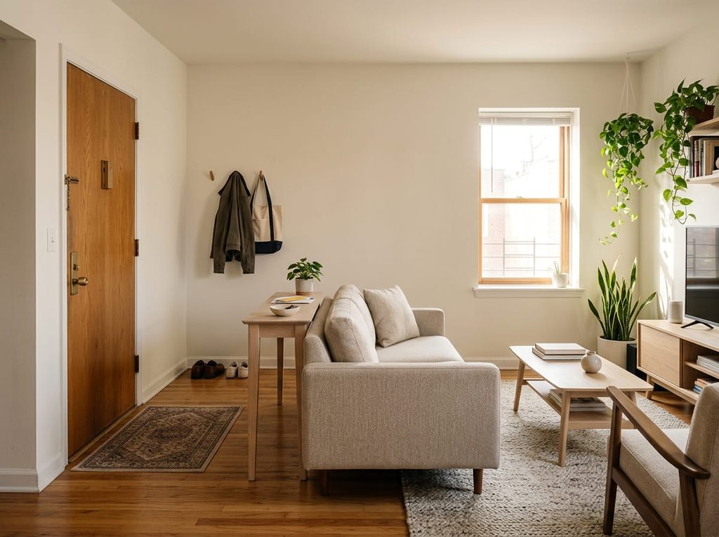 Floating sofa creating a mini entryway in a small living room