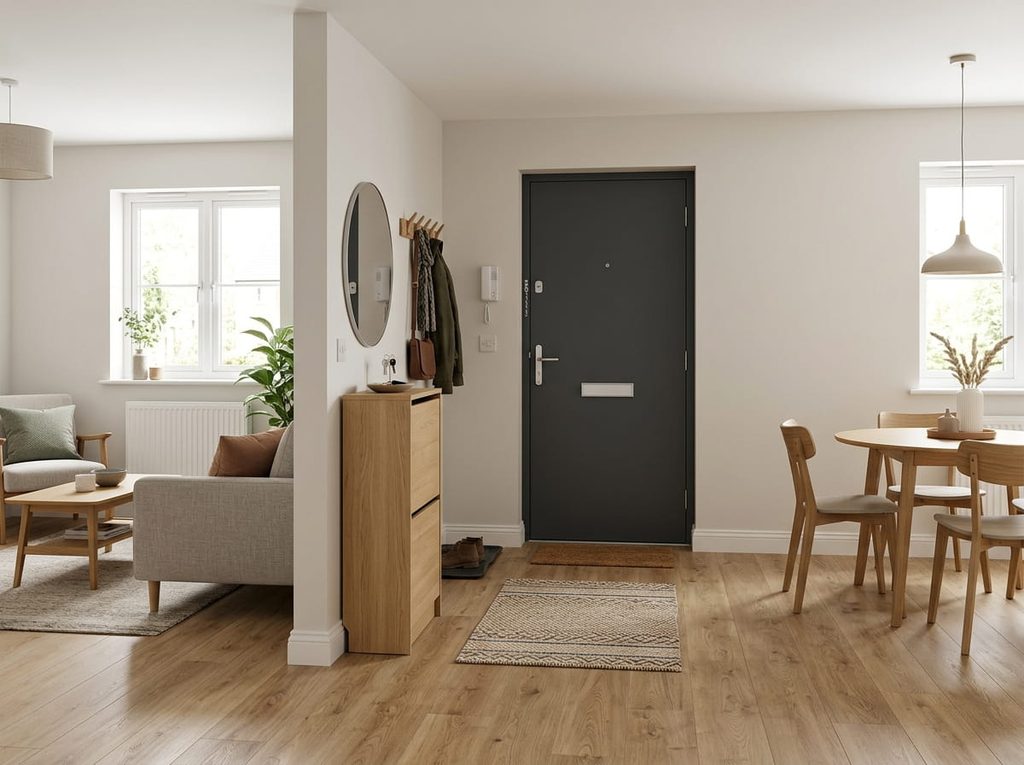 Front door between small living and dining areas with a shared entryway zone