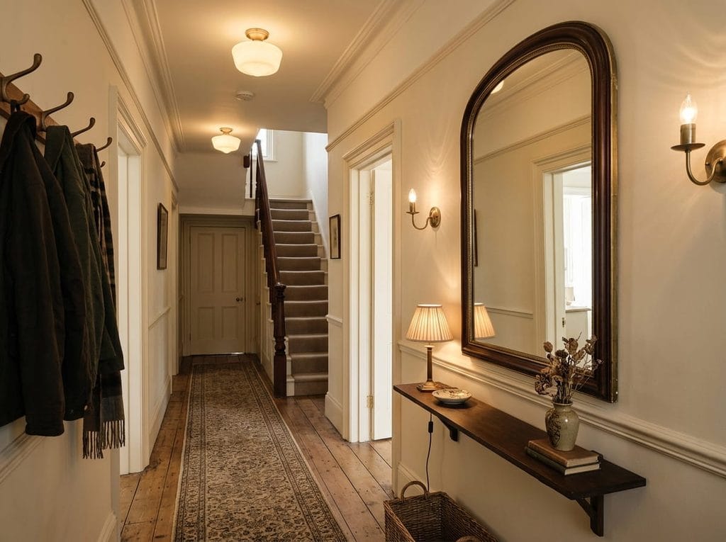 Warmly lit small hallway with a mirror