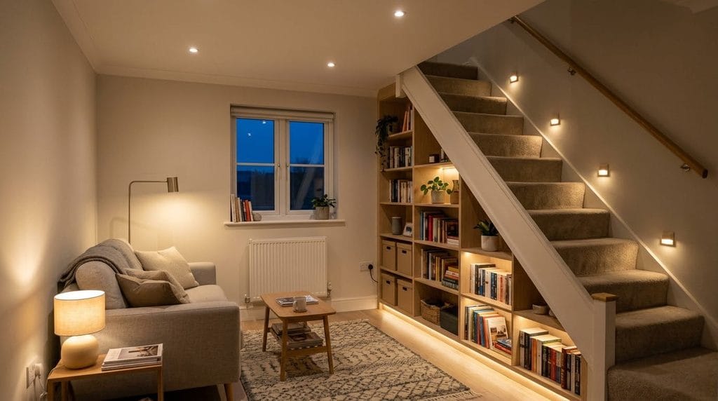 Layered lighting around a compact living room staircase