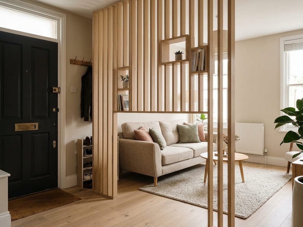 Open timber divider creating privacy between the front door and living room sofa