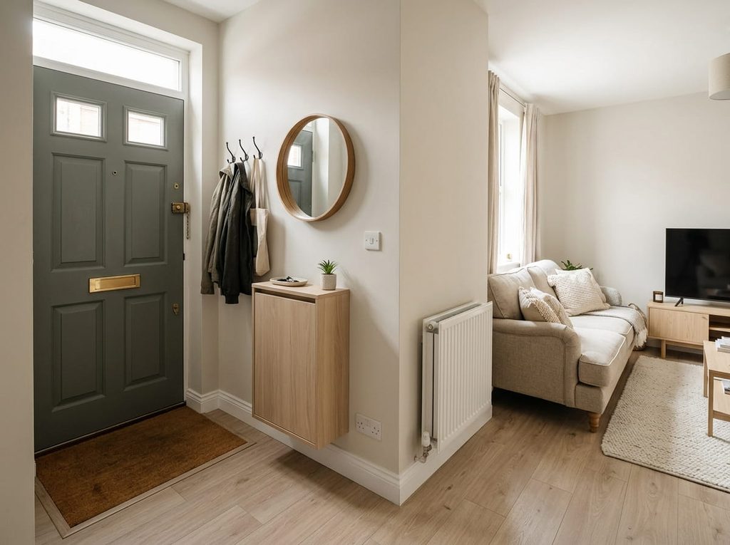 Corner front door with slim shoe cabinet, wall hooks and mirror in a small living room