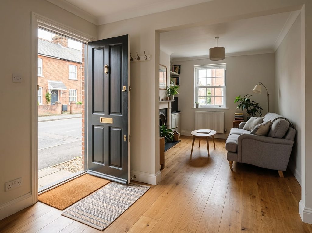 Small living room with clear walkway and unobstructed front door swing