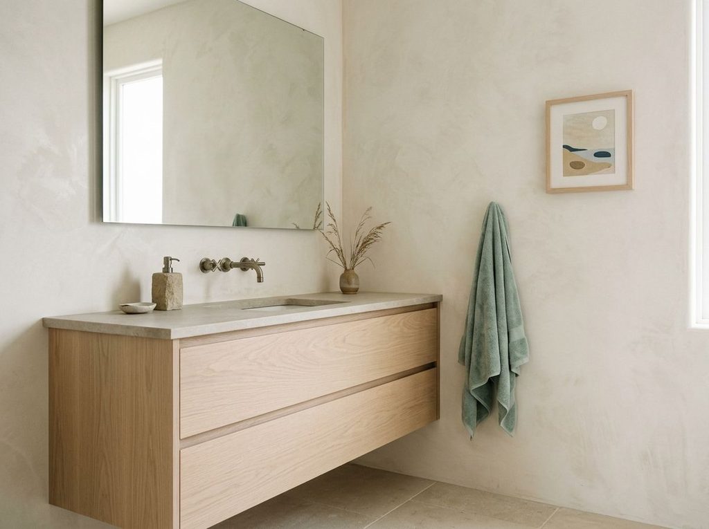 Coastal bathroom interior with natural wood and neutral finishes