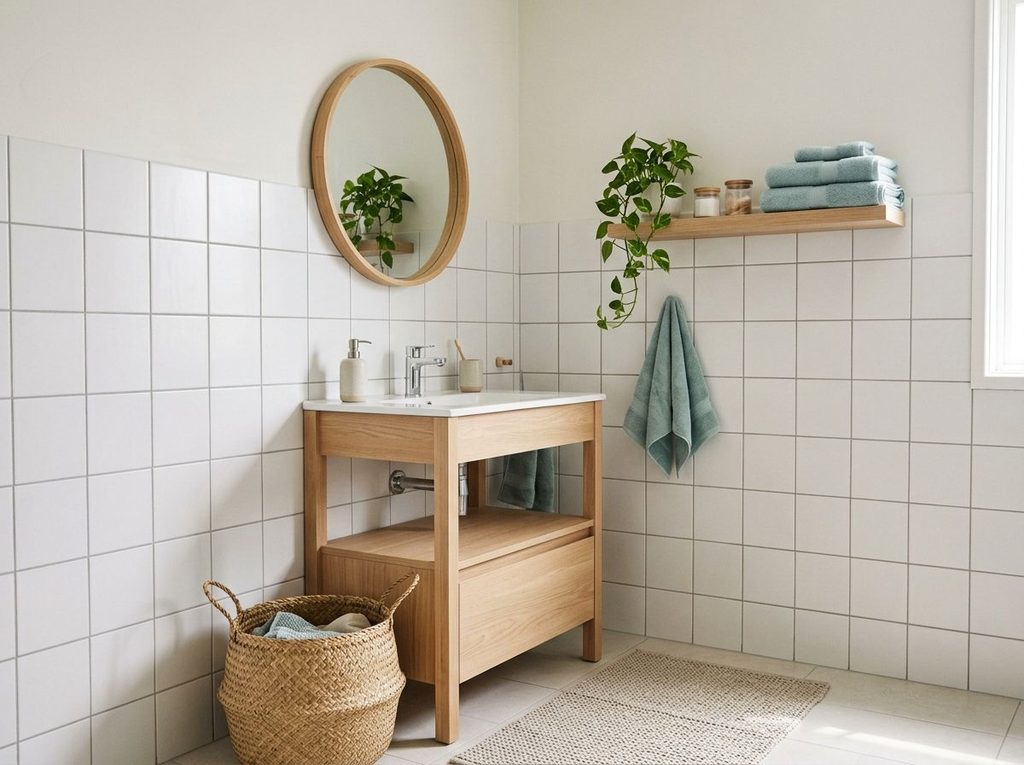White-tile bathroom refreshed with light wood and coastal accessories