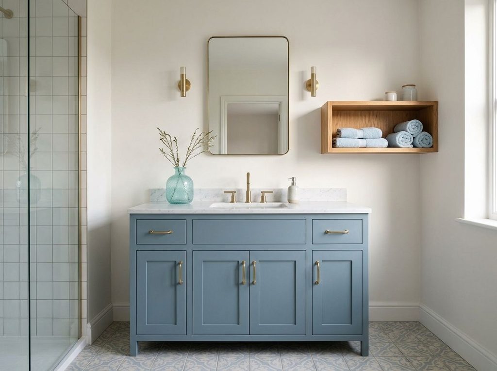 Bathroom styled with sea-blue accents and coastal decor