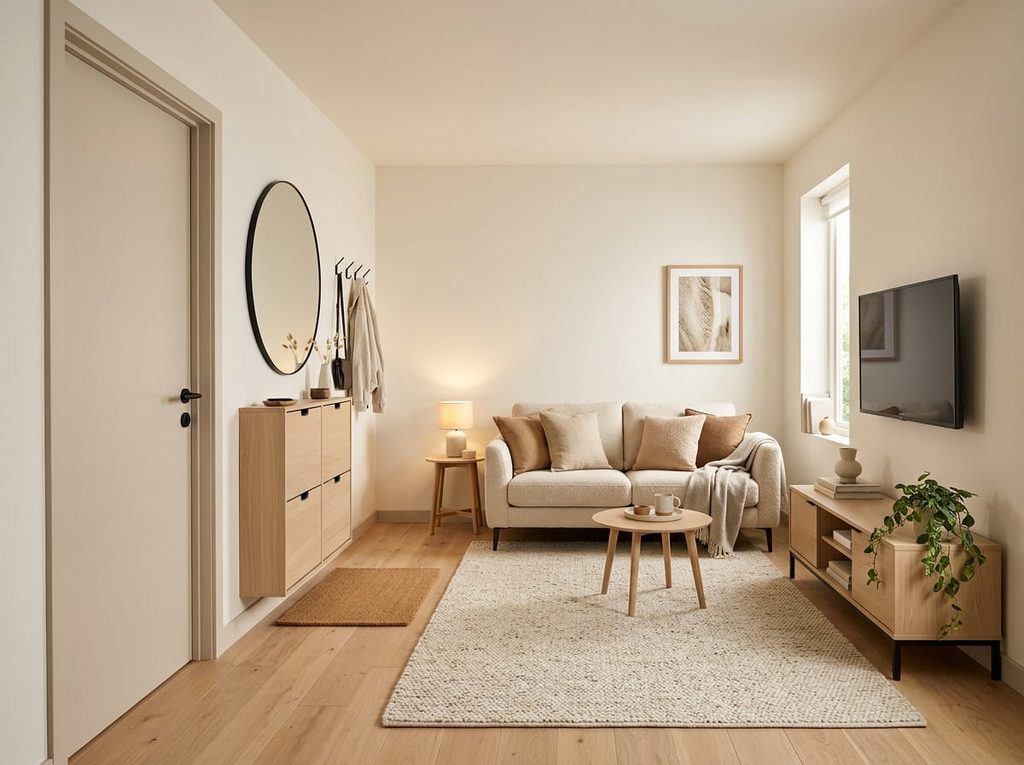 Modern front door opening into living room with concealed storage