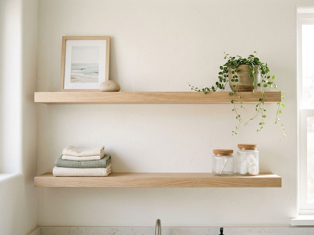 Oak floating shelves holding bathroom essentials and decor