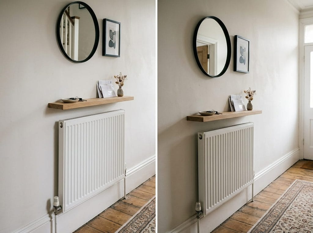 Oak shelf mounted above a hallway radiator