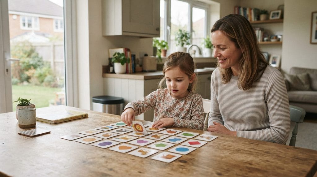 Child matching picture cards in a memory game at home