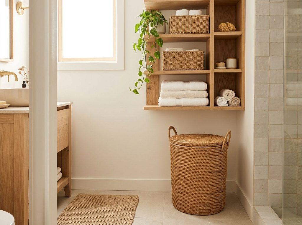 Rattan baskets used for organized bathroom storage