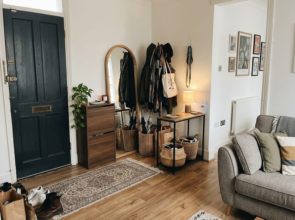 Movable shoe storage, freestanding mirror and rug in a rented flat