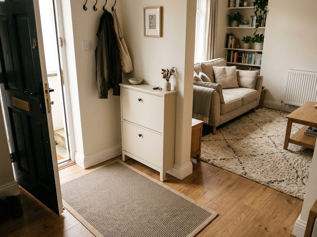 Entryway living room combo with rug and slim closed shoe storage