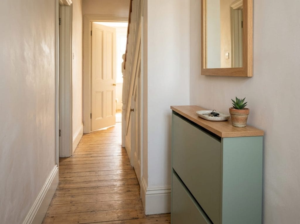 Slim shoe cabinet and mirror in a narrow UK hallway