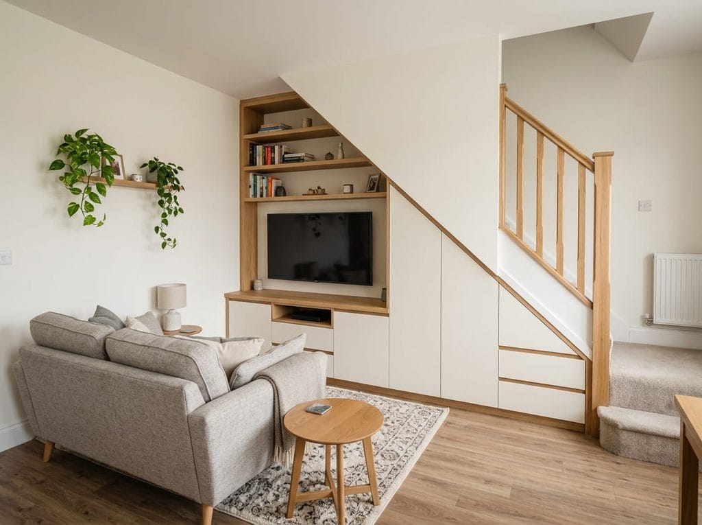 TV positioned under the stairs in a compact living room