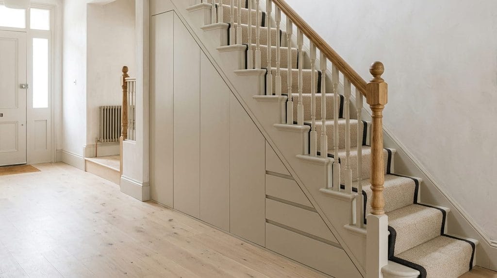 Closed storage cupboards beneath a hallway staircase