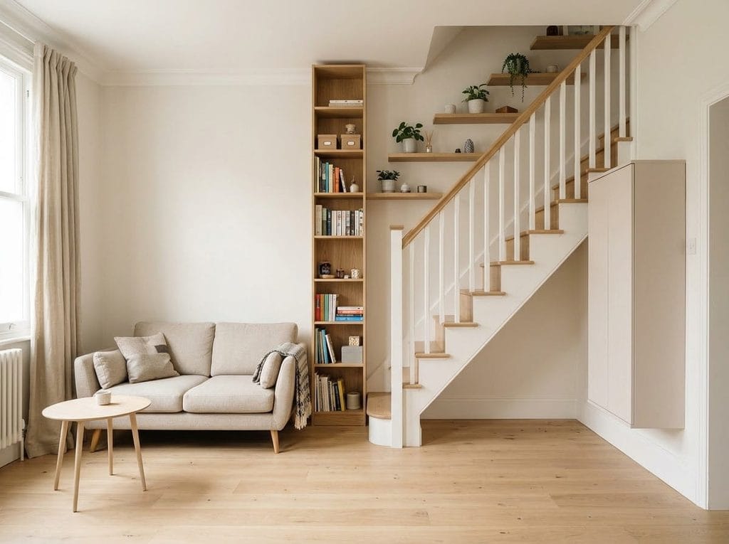 Vertical wall storage beside stairs in a compact living room
