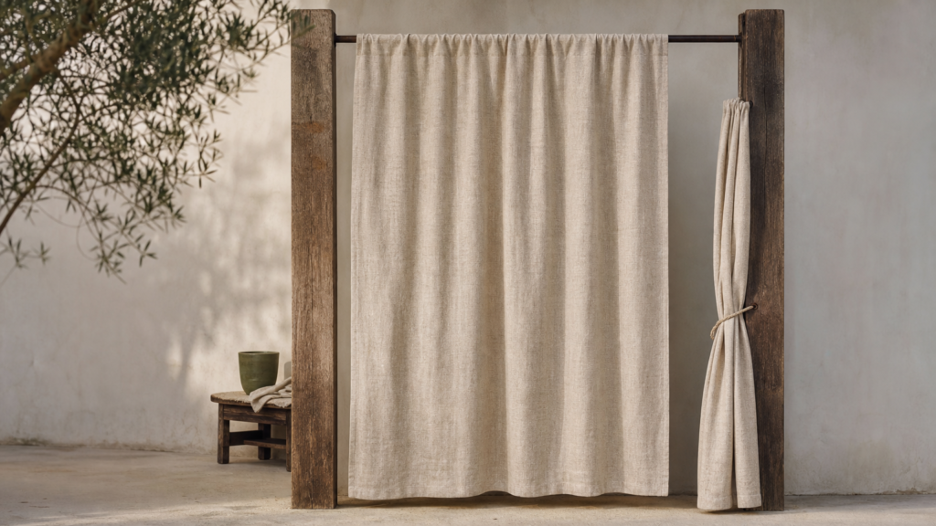 Natural beige outdoor curtain hanging from a wooden balcony privacy frame
