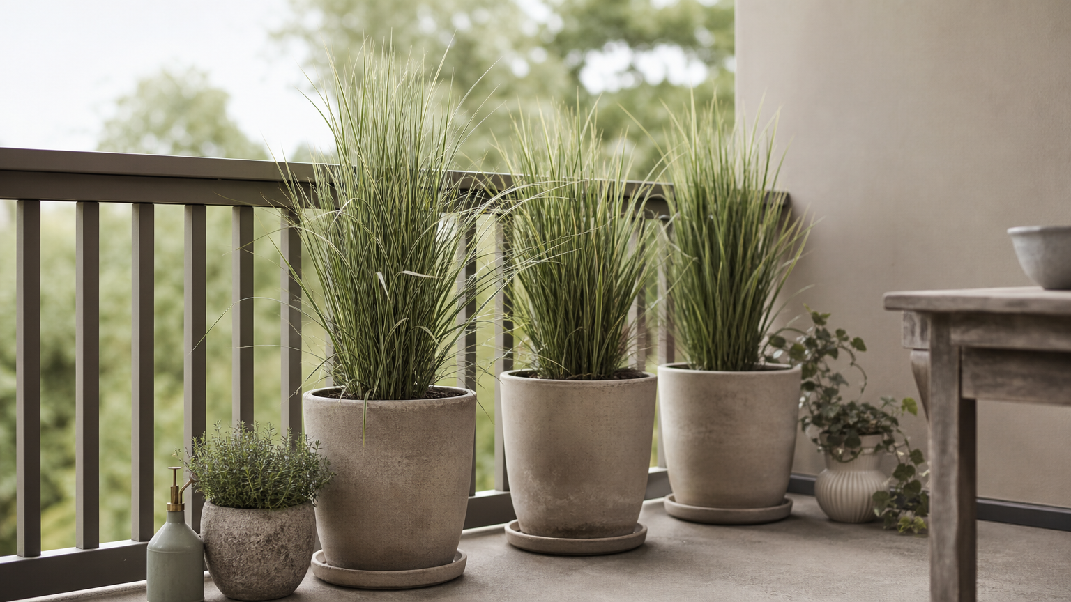 Three large pots of ornamental grasses forming a natural privacy screen along a balcony railing