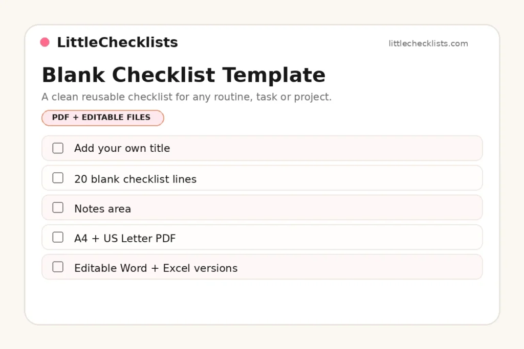 Blank checklist template with task lines notes and editable file options