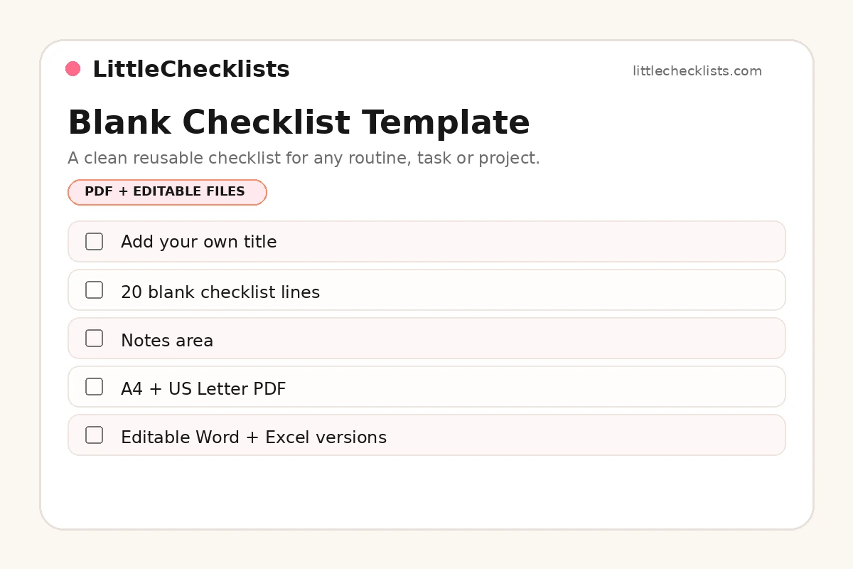 Blank checklist template with empty task lines and notes section