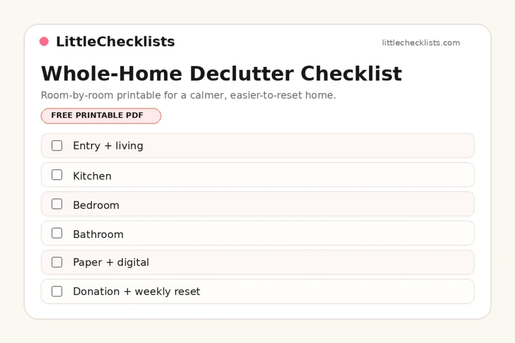 Whole-home declutter checklist printable with room-by-room tasks