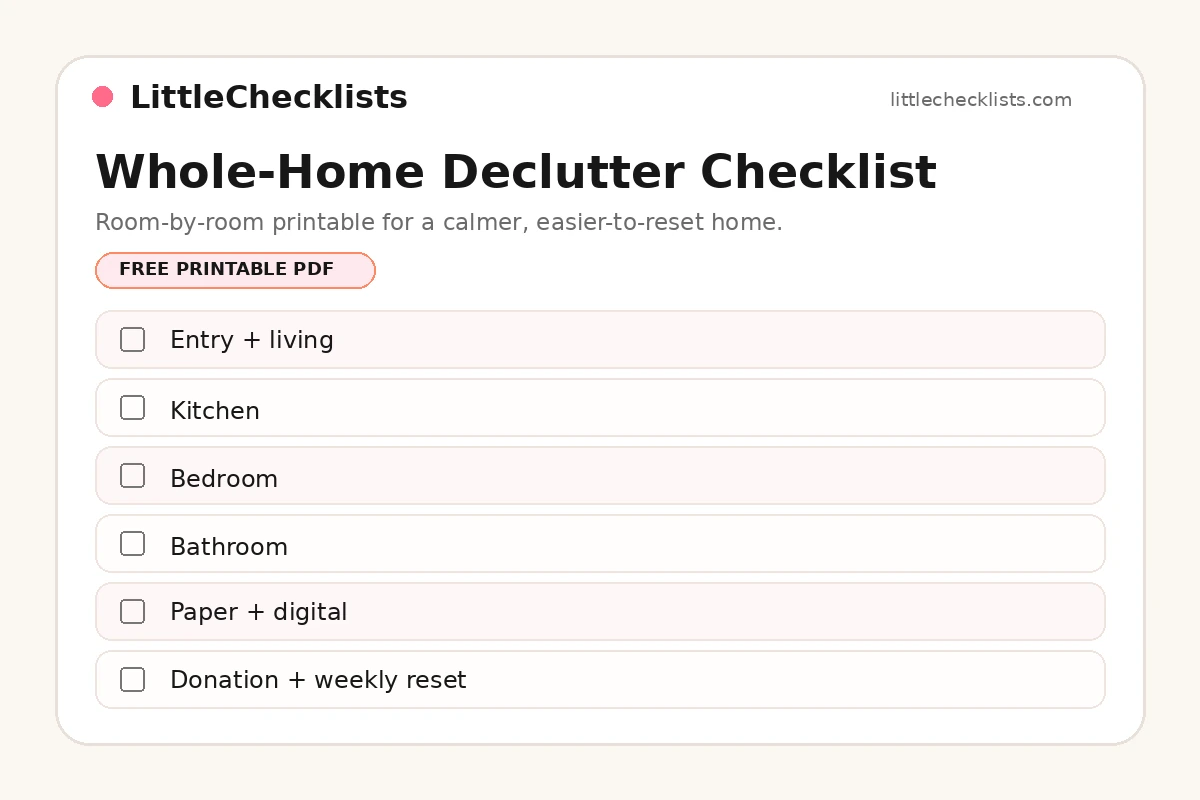 Whole-home declutter checklist printable with room-by-room tasks