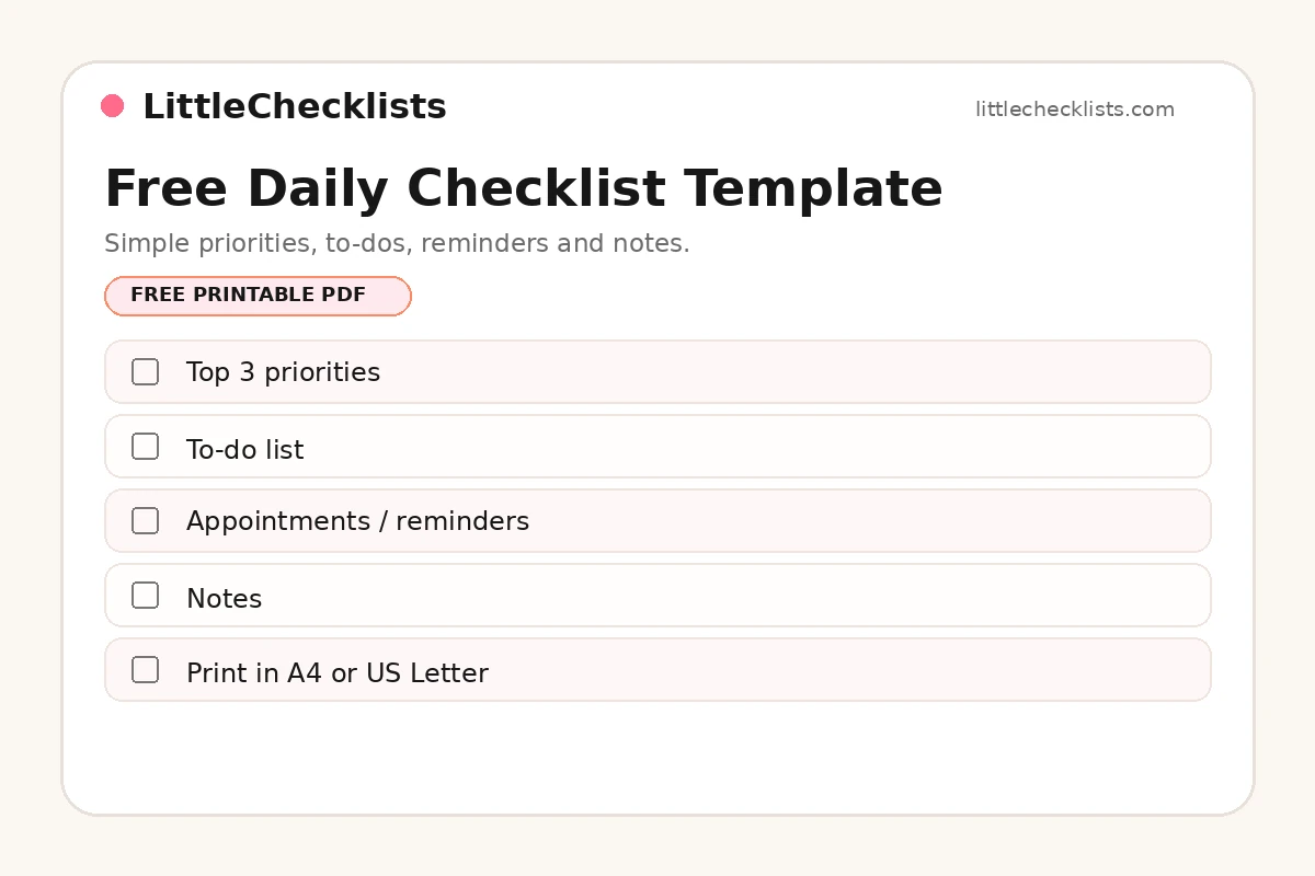 Free daily checklist template printable with priorities, tasks, reminders and notes