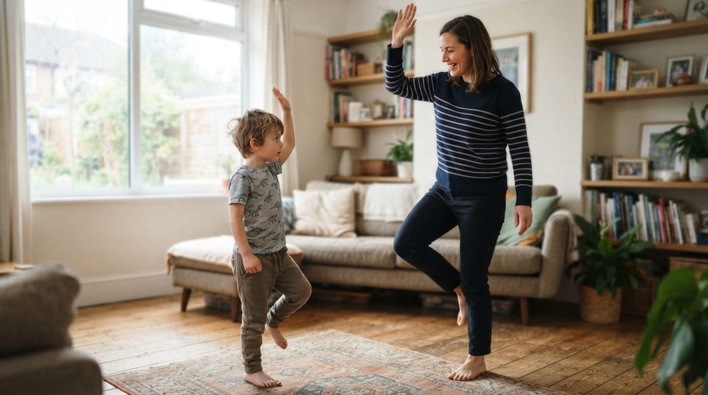 Parent playing a listening and movement game with a child at home