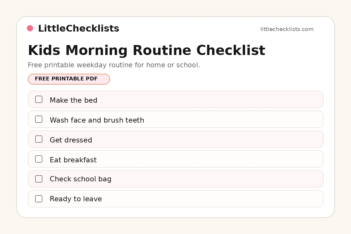 Kids morning routine checklist printable with weekday checkboxes
