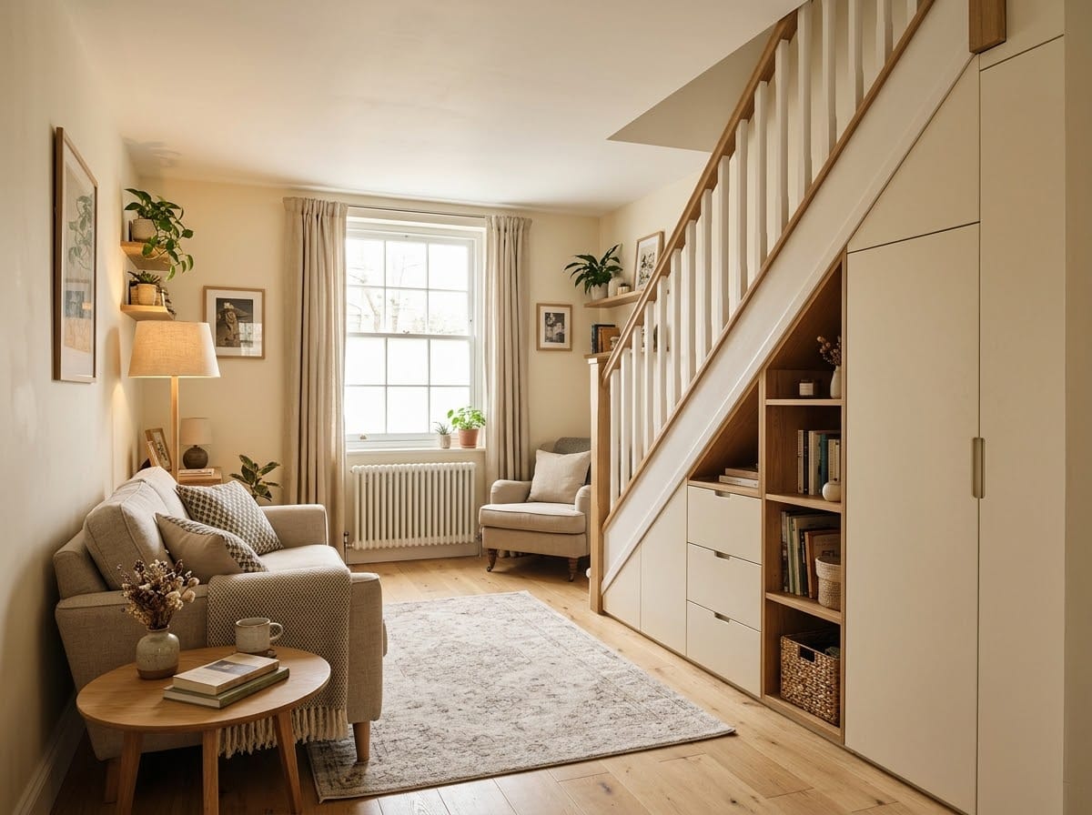 Small living room with stairs showing practical furniture layout and under-stair space