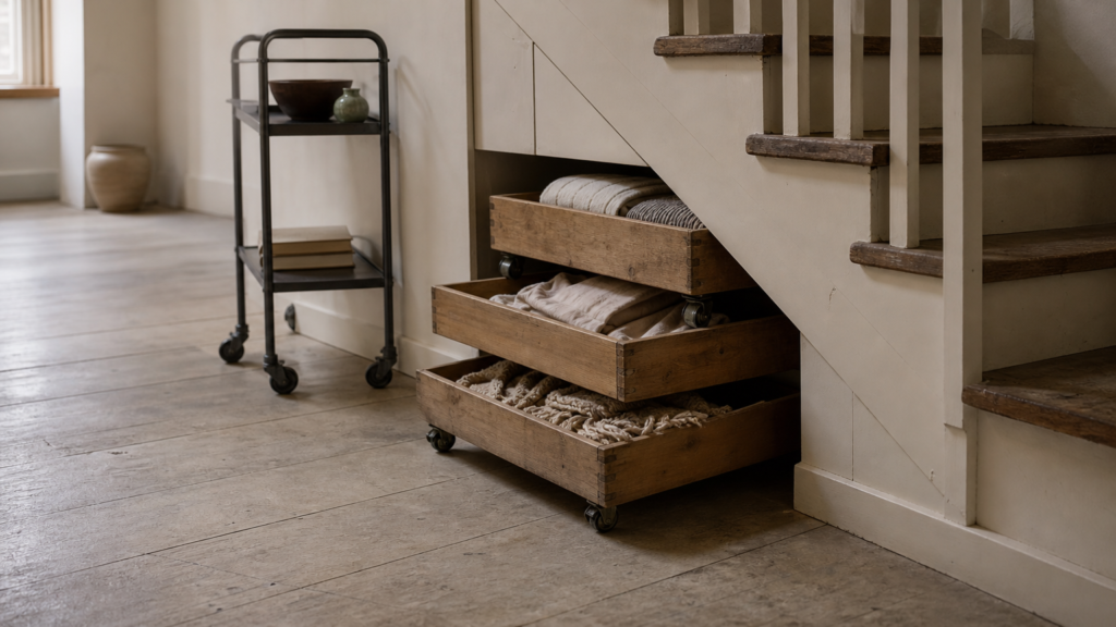 Rolling wooden storage drawers and utility cart tucked beneath a staircase