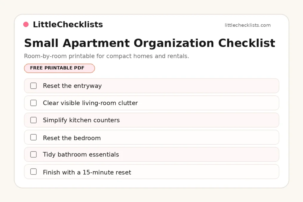 Small apartment organization checklist printable with room-by-room tasks