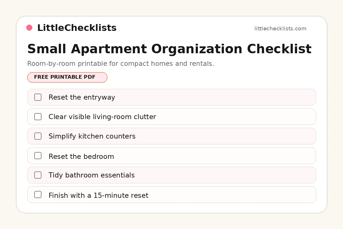 Small apartment organization checklist printable with room-by-room tasks